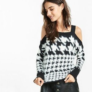 Express Fuzzy Houndstooth Cold Shoulder Sweater